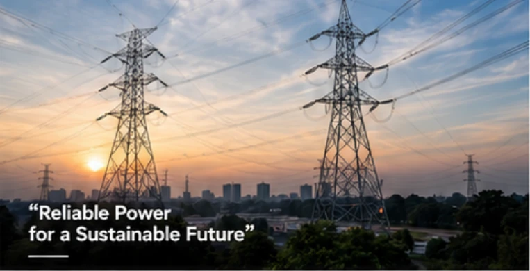 Transmission line illustration with the caption Reliable Power for a Sustainable Future, supplied in the website design